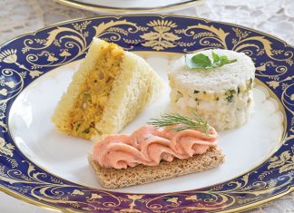 Coronation Chicken Salad Sandwiches, Dilled Salmon Mousse Canapés, Watercress and Egg Salad Tea Sandwiches