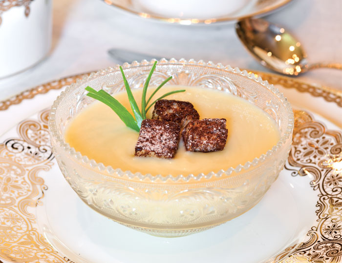 Creamy Parsnip-Leek Soup with Chocolate Brioche Croutons