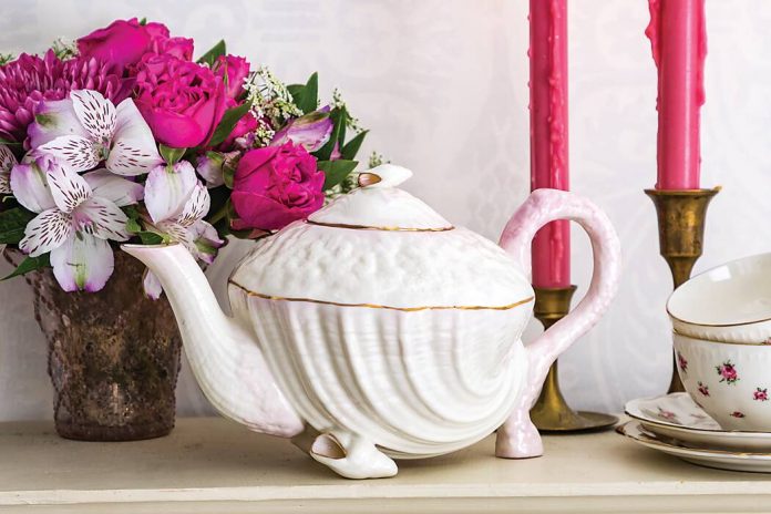 Softly tinted details on the Irish-crafted Neptune Pink teapot by Belleek Pottery gently highlight a unique and memorable teatime accoutrement.