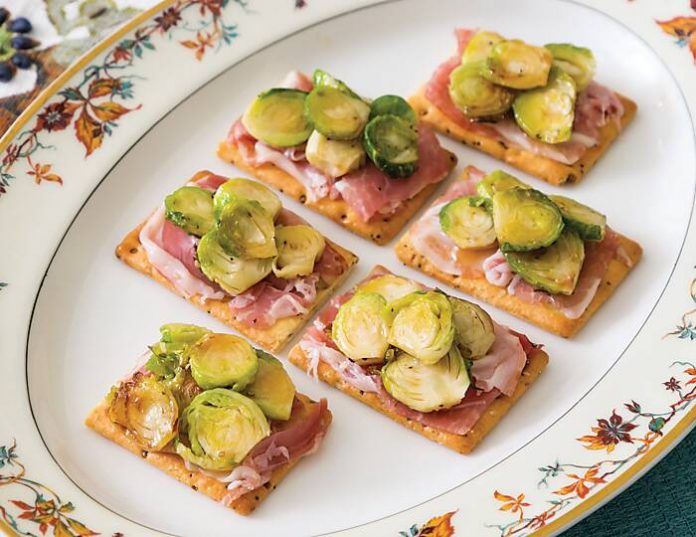 Brussels Sprout–Pancetta Canapés with Apple Cider Gastrique